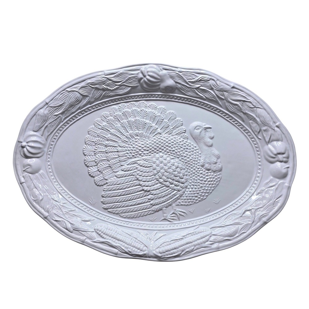 A. Santos Portugal 8102 White Ceramic Turkey Thanksgiving Platter Oval 19x13